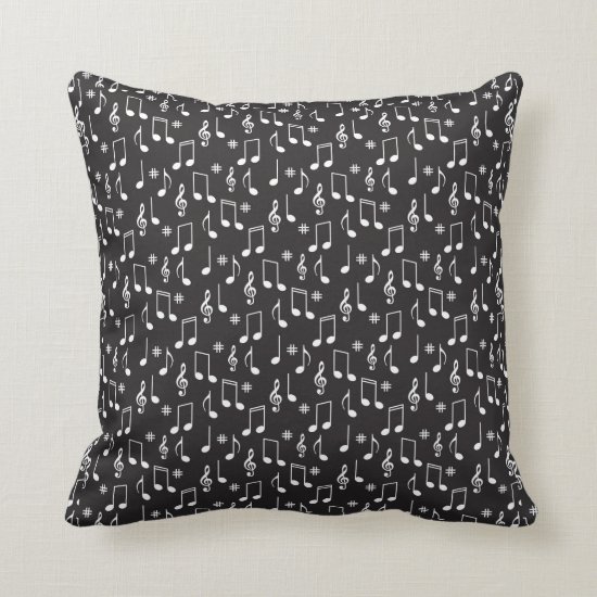 Black and White Music Notes Pattern Throw Pillow