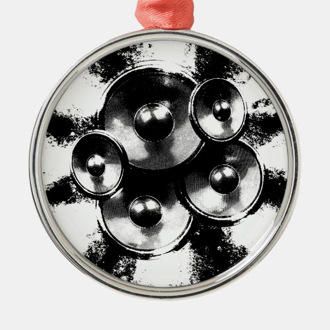Black and white music speakers in a circle metal ornament (Front)