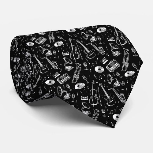 Black and white musical instruments neck tie