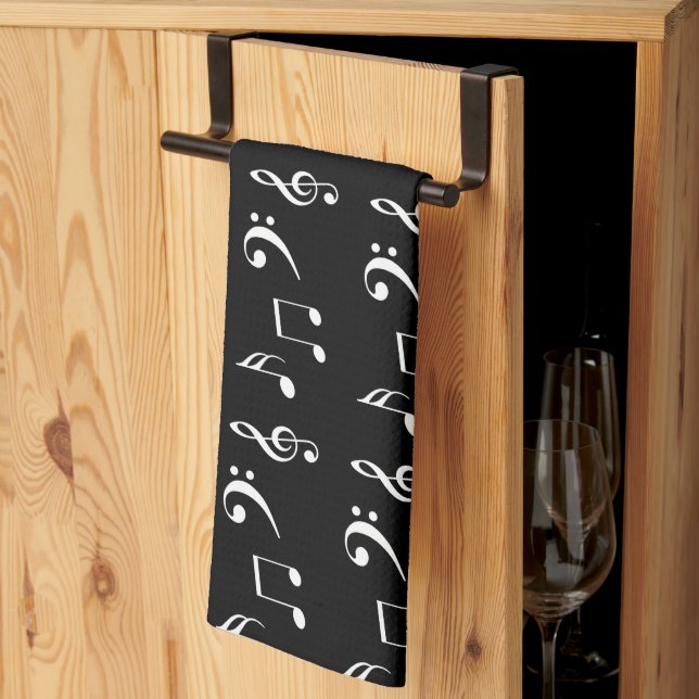 Black and White Musical Notes Musician Kitchen Towel (Thirds Fold)