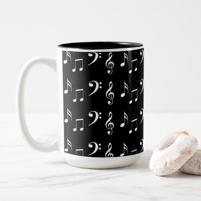 Black and White Musical Notes Two-Tone Coffee Mug (With Donut)