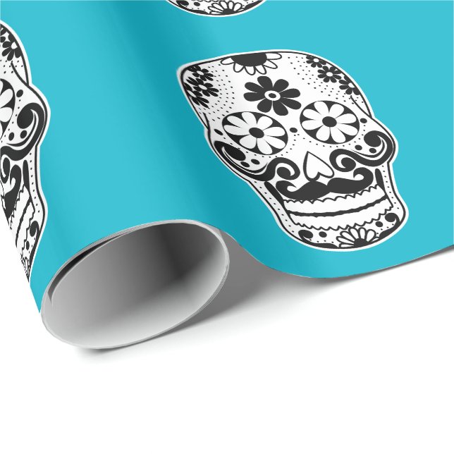 Black and White Mustache Skull Wrapping Paper (Roll Corner)