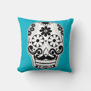 Black and White Mustache Sugar Skull Throw Pillow
