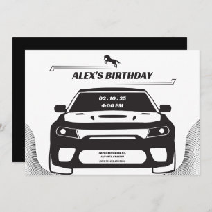 Black and white Mustang Car birthday Invitation