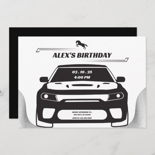 Black and white Mustang Car  birthday Invitation