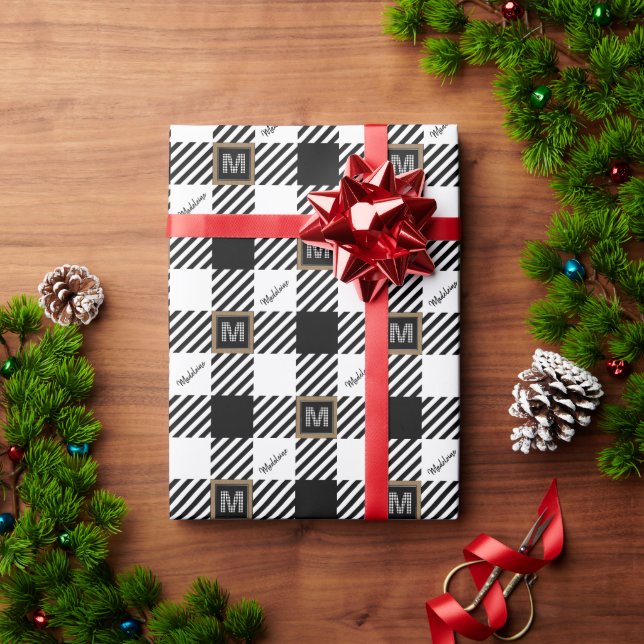 Black and White Name + Buffalo Check Monogram Wrapping Paper (Holiday Gift)