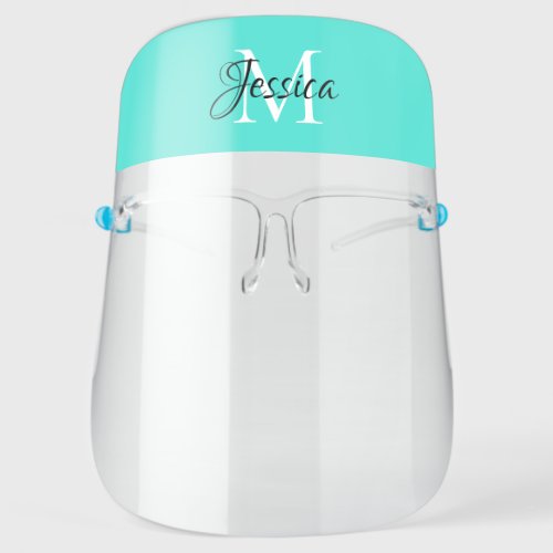 Black and White Name Monogram Turquoise Top Band Face Shield