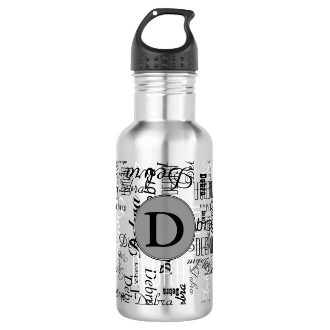 black and white names monogram personalized water bottle (Front)