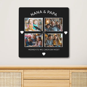 Black And White Nana Papa 4 Photo Grandparent Gift Square Wall Clock
