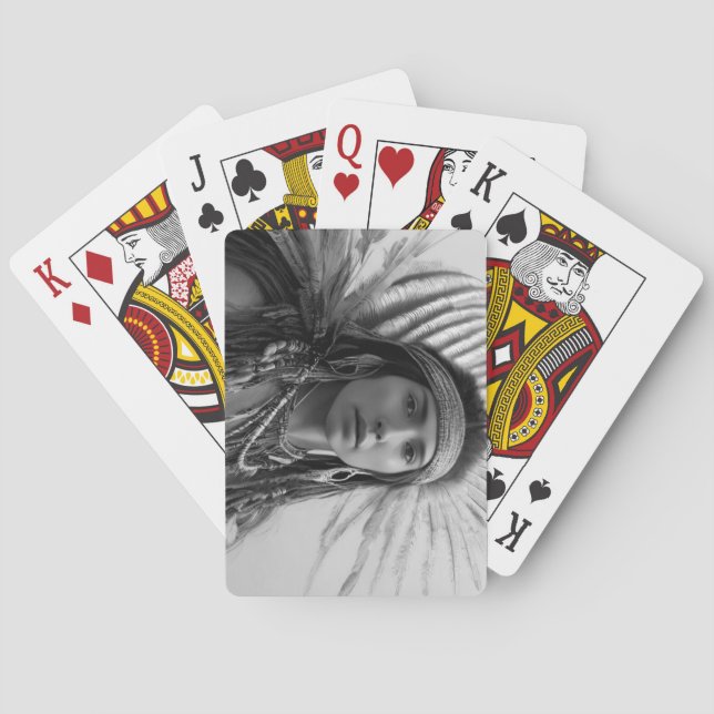 Black and White Native American Warrior Princess Poker Cards (Back)