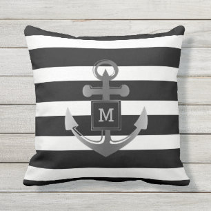 Black and White Nautical Anchor Striped Monogram Outdoor Pillow
