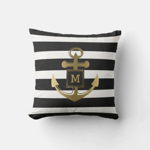 Black and White Nautical Anchor Striped Monogram Throw Pillow