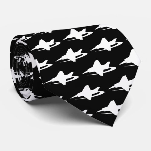 Black and white neck tie with jet fighter aircraft