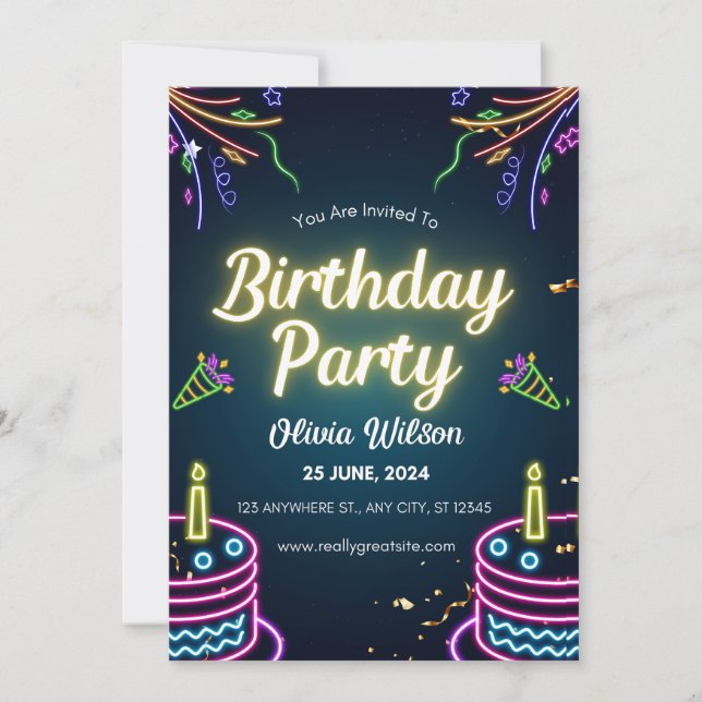 Black and White Neon Birthday Party Poster Invitation (Front)