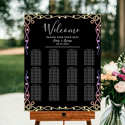 Black And White Neon Floral Wedding Seating Chart Foam Board