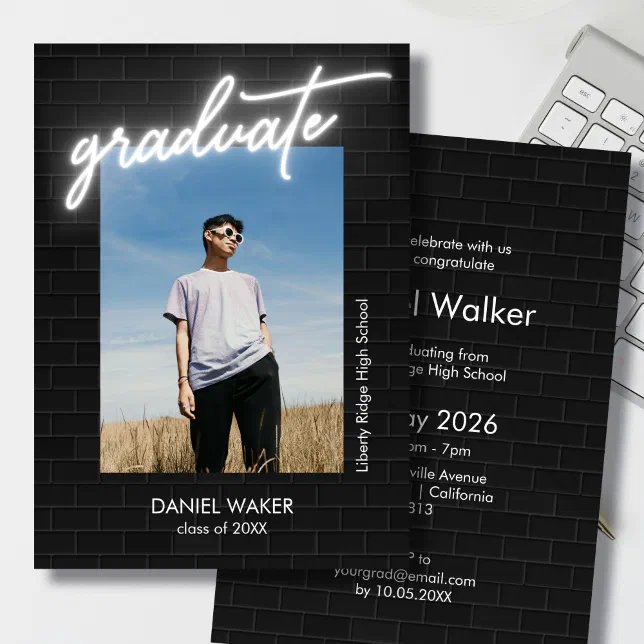 Black and white neon photo graduation invitation | Zazzle