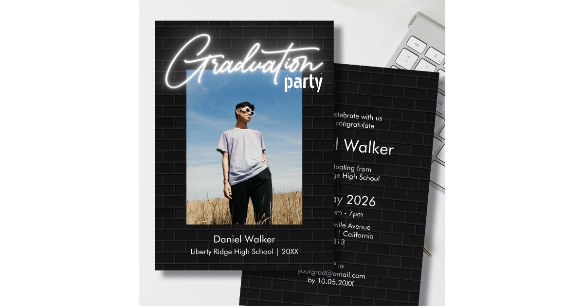 Black and white neon photo graduation party invitation | Zazzle