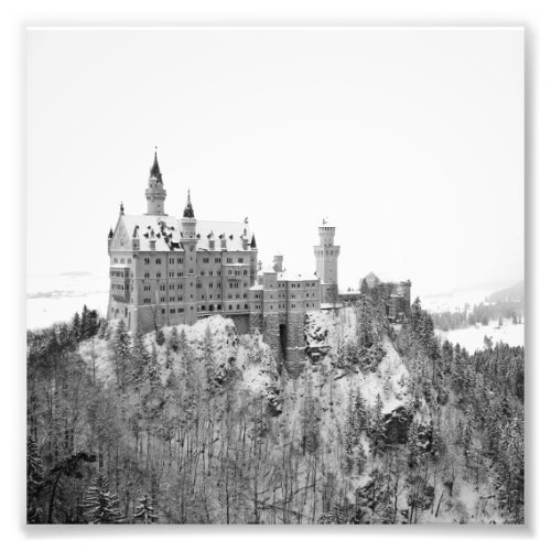 Black and White Neuschwanstein Castle in Winter Photo Print