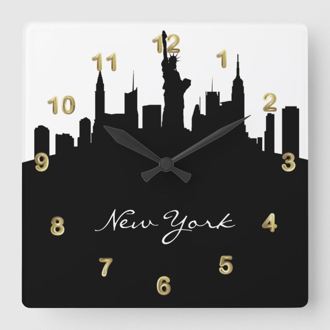 Black and White New York Skyline Square Wall Clock (Front)
