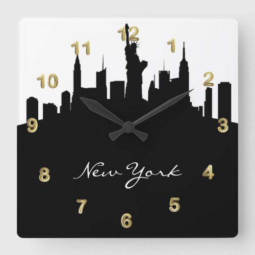 Black and White New York Skyline Square Wall Clock