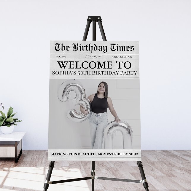Black and white newspaper 30th Birthday Welcome Foam Board (Creator Uploaded)