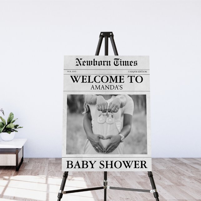 Black and white newspaper baby shower welcome foam board (Creator Uploaded)