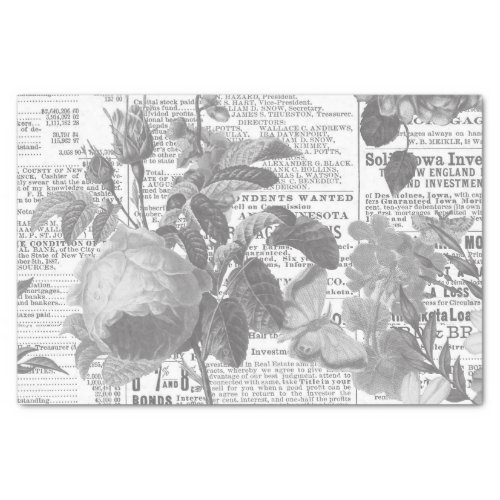 Black and White Newspaper Floral Ephemera Tissue Paper