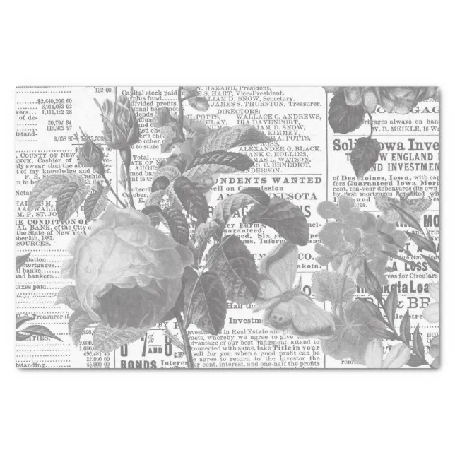Black and White Newspaper Floral Ephemera Tissue Paper Zazzle