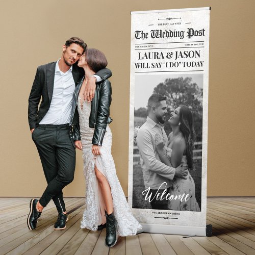 Black and White Newspaper Wedding Welcome  Retractable Banner