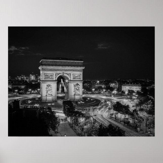 Black and White Night Photo Arc de Triomphe Paris Poster (Front)