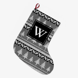 Black and White Nordic Alpine Fir Trees Monogram Large Christmas Stocking