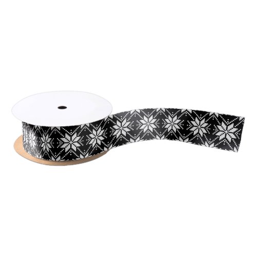 Black and White Nordic Snowflake Pattern Satin Ribbon