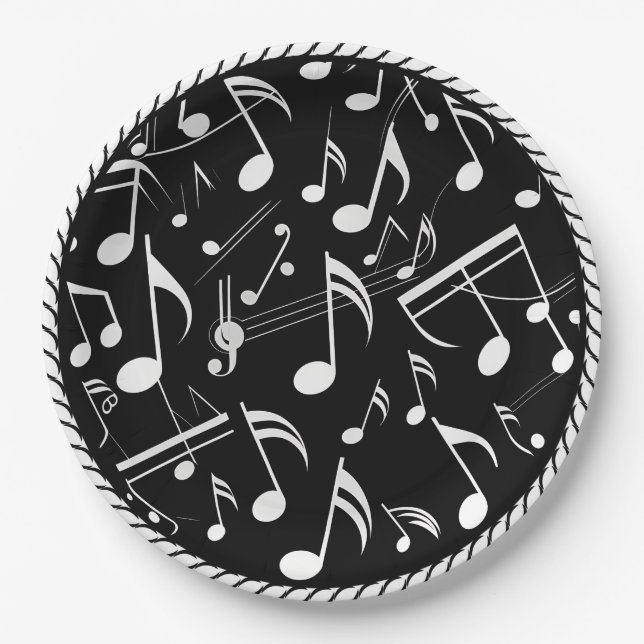 Black and White Notes Pattern Paper Plates (Front)