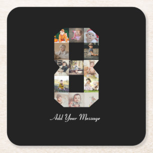 Black and White Number 8 Photo Collage Square Paper Coaster