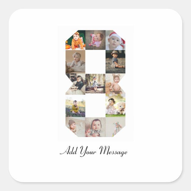 Black and White Number 8 Photo Collage Square Sticker (Front)