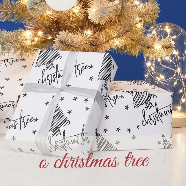  Black and White O Christmas Tree and Stars Wrapping Paper