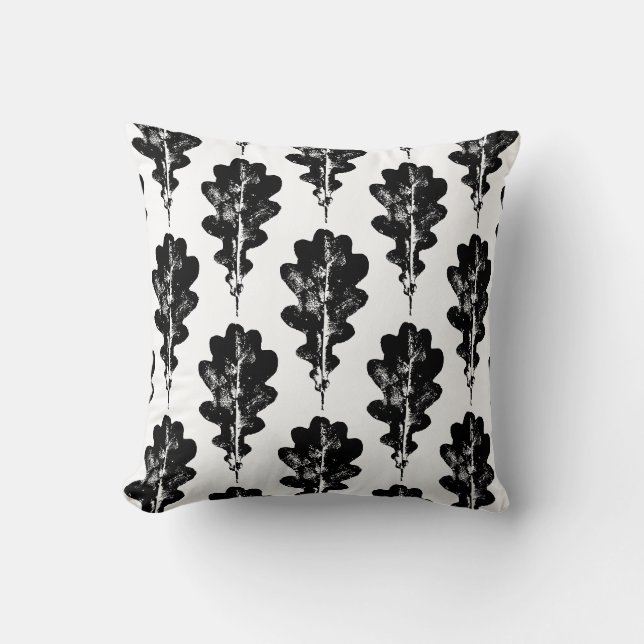 Black and White Oak Leaf Print Pattern Throw Pillow (Front)