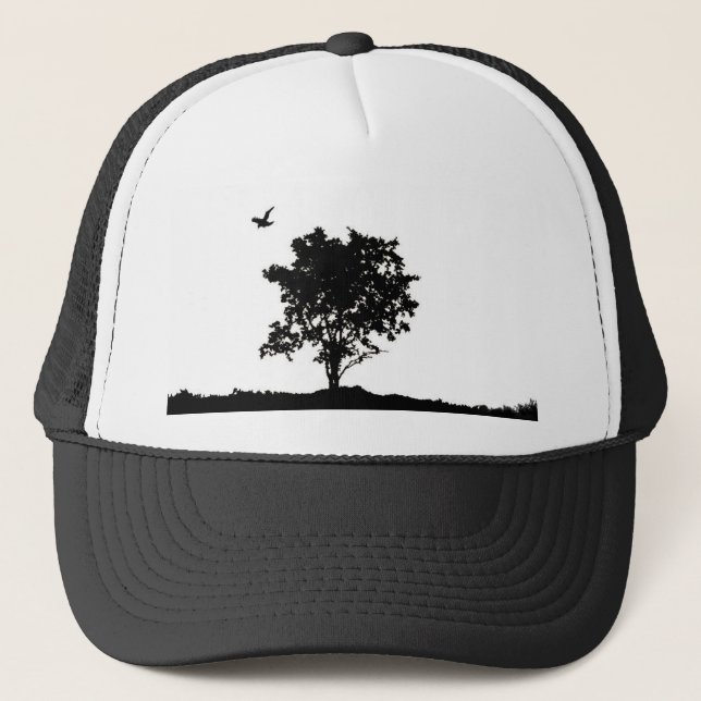 Black and white Oak tree with crow Trucker hate Hat (Front)