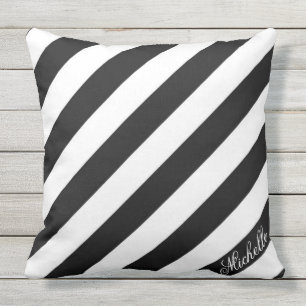 Black and White Oblique Stripes Custom Monogram Outdoor Pillow