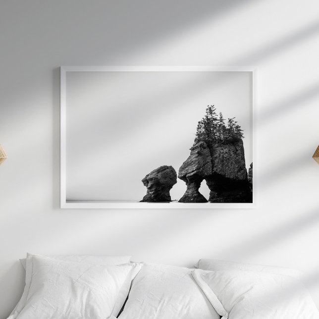 Black and White Ocean Shore Tree Landscape Poster (Black and White Ocean Shore Poster in a white boho bedroom with pillows.)