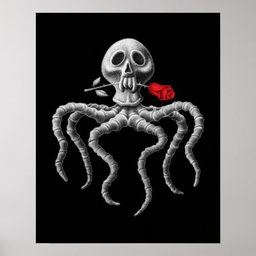 Black and White Octopus Skull with Red Rose Poster