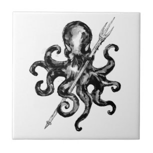 Black and White Octopus with Trident Ceramic Tile