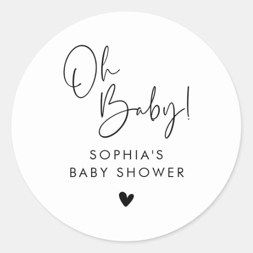 Black and White Oh Baby Modern Boho Baby Shower Classic Round Sticker