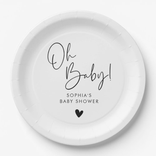 Black and White Oh Baby Modern Boho Baby Shower Paper Plates