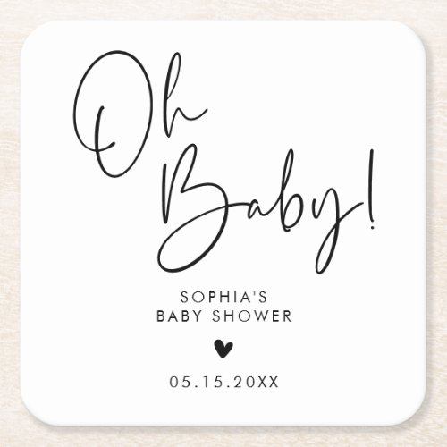 Black and White Oh Baby Modern Boho Baby Shower  Square Paper Coaster