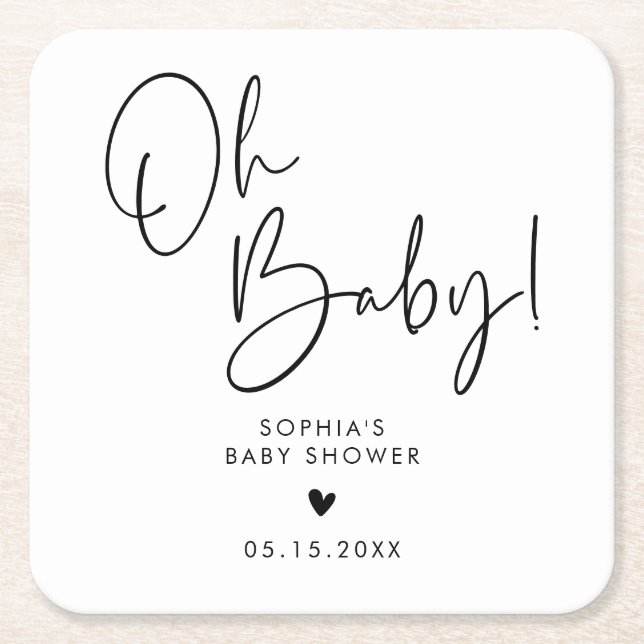 Black and White Oh Baby Modern Boho Baby Shower  Square Paper Coaster (Front)