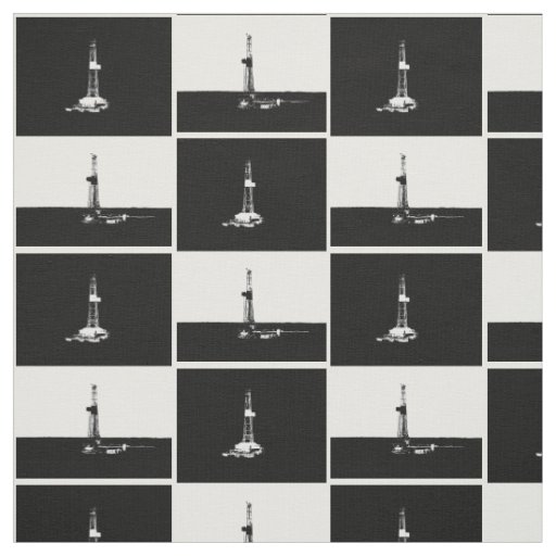 Black and White Oil Drilling Rig Silhouettes Fabric