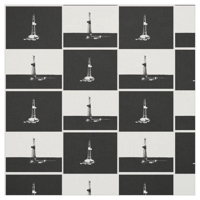 Black and White Oil Drilling Rig Silhouettes Fabric (Swatch)