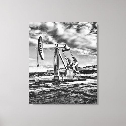 Black and White Oil Well Pumping Pumpjack Unit Canvas Print