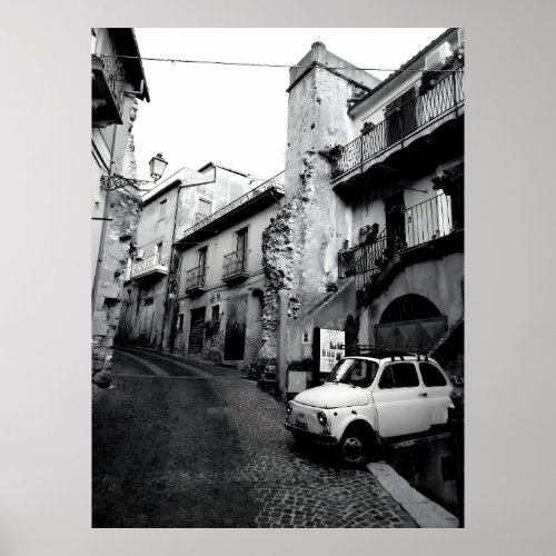 Black and White Old Italian Town with Vintage Car Poster
